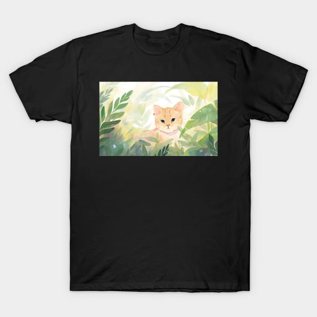 Whimsical Jungle Cat Watercolor Illustration T-Shirt by A Badger